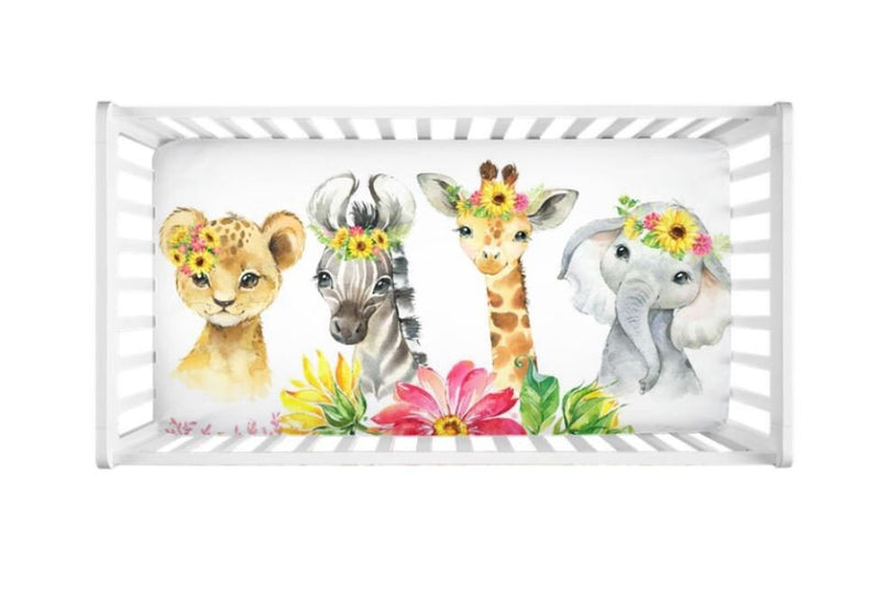 Jungle Safari Animals Crib Sheet Sunflowers Pink Flowers Leaves Newborn Baby Shower Gift Nursery  C152