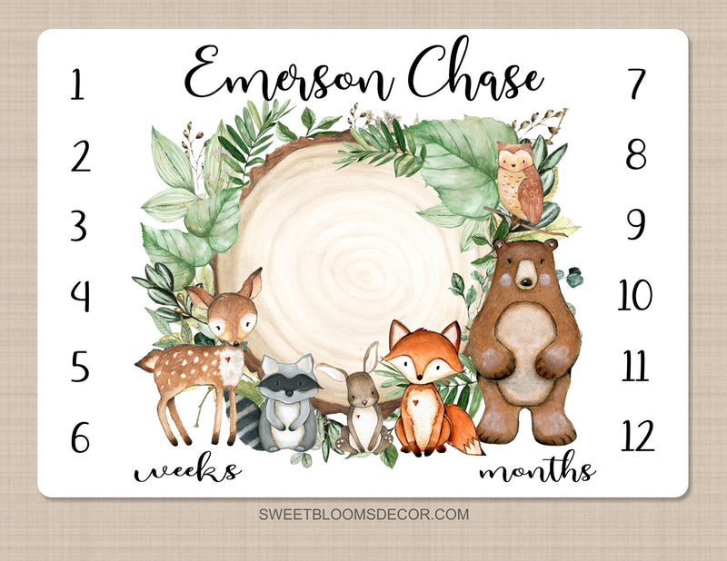 Woodland Milestone Blanket, Personalized Rustic Forest Animals Greenery Log Bear Fox Deer Raccoon Newborn Photo Prop Baby Shower Gift B1456