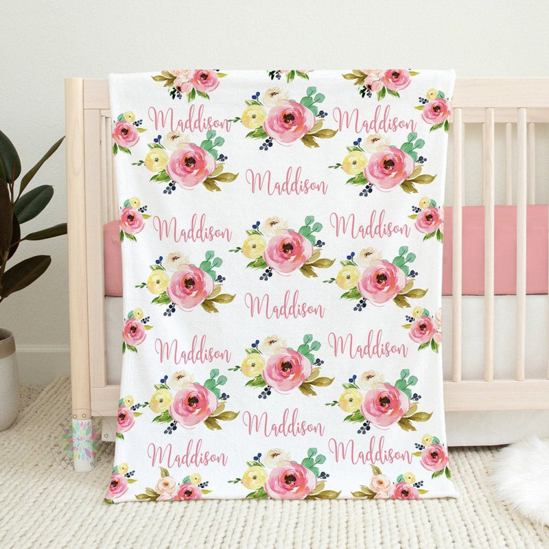 Baby Girl Floral Baby Name Blanket, Personalized Blush Pink Yellow  Watercolor Flowers Baby Shower Gift Crib Bedding Floral Monogram B1028