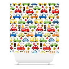 Transportation Kids Shower Curtain, Cars Trucks Traffic Signs Construction Bathroom Decor Siblings Brothers Bath Mat Bath Accessories S192