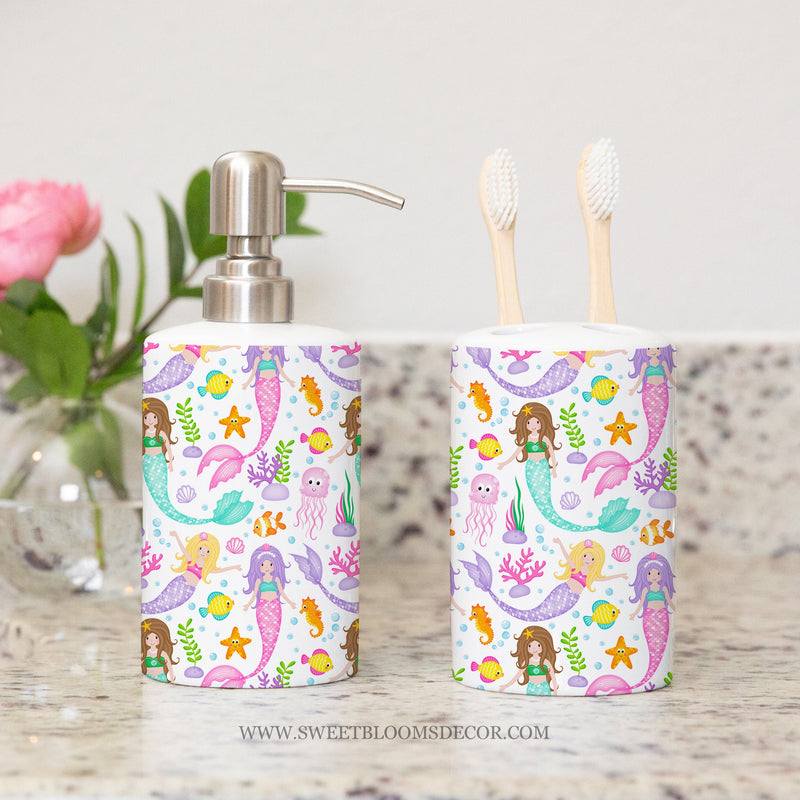 Sea Animals Mermaids Toothbrush Holder and Soap Dispenser Set, Kids Sisters Baby Bathroom Decor Purple Pink Teal S186