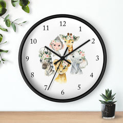 Safari Animals Floral Wall Clock, Blush Pink Watercolor Flowers Nursery Wall Clock, Bedroom Decor,  Elephant Monkey Giraffe Zebra Lion