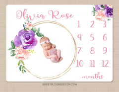 Floral Milestone Blanket, Blush Pink Purple Lavender Flowers Girl Monthly Growth Tracker Newborn Baby Girl Name Baby Shower Gift B1467