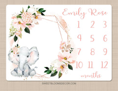 Elephant Floral Milestone Blanket, Blush Pink Watercolor Flowers Animals Monthly Blanket Newborn Baby Girl Name Baby Shower Gift B1486