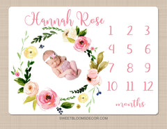 Pink Floral Milestone Blanket, Blush Pink Watercolor Flowers Monthly Milestone Growth Tracker Newborn Baby Girl Name Baby Shower Gift B1487