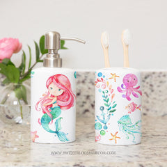 Sea Animals Mermaid Under The Sea Turtles Toothbrush Holder and Soap Dispenser Set, Kids Brothers Bathroom Decor S131