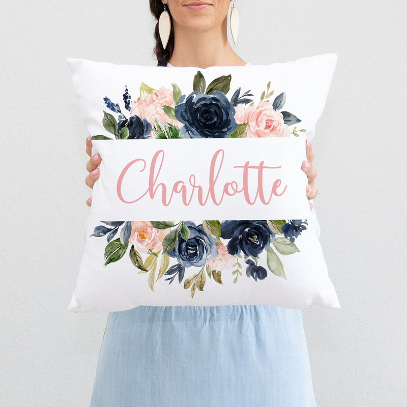 Floral Throw Pillow, Navy Blue Blush Pink Watercolor Flowers Nursery Pillow Bedroom Room Decor Cushion   P294