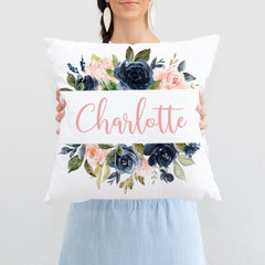 Floral Throw Pillow, Navy Blue Blush Pink Watercolor Flowers Nursery Pillow Bedroom Room Decor Cushion   P294