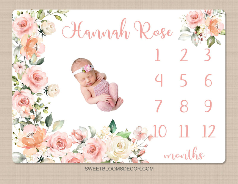 Girl Floral Milestone Blanket, Personalized Floral Monthly Baby Blanket Blush Pink Watercolor Flowers Roses Baby Shower Gift  Newborn B1473