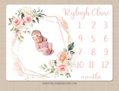 Girl Floral Milestone Blanket, Personalized Floral Monthly Baby Blanket Blush Pink Watercolor Flowers Roses Baby Shower Gift  Newborn B1474