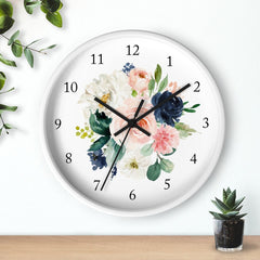 Floral Wall Clock, Navy Blue Blush Pink Watercolor Flowers Roses Nursery Wall Clock, Baby Girl Bedroom Decor 135