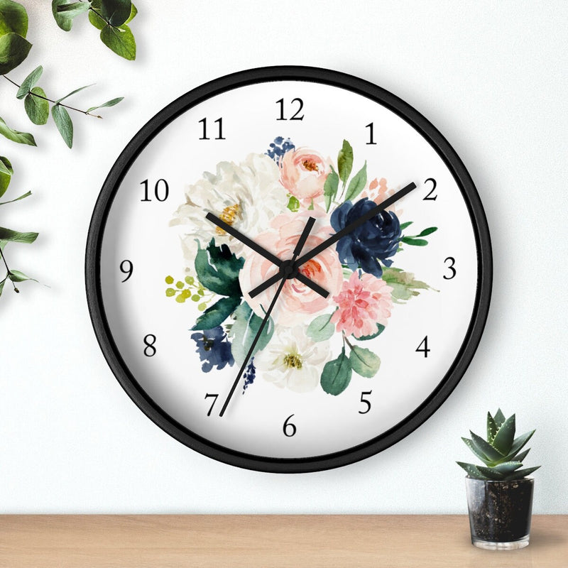 Floral Wall Clock, Navy Blue Blush Pink Watercolor Flowers Roses Nursery Wall Clock, Baby Girl Bedroom Decor 135