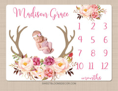 Deer Antler Floral Milestone Blanket, Blush Pink Burgundy  Watercolor Flowers Baby Name Monthly Blanket Shower Gift Monthly B1491