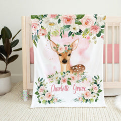 Deer Baby Girl Name Blanket, Blush Pink Floral Personalized Newborn Baby Girl Monogram Flowers Baby Shower Gift Bedding B676