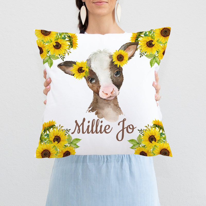 Cow Sunflower Nursery Pillow, Farm Animals Sunflowers Yellow Nursery Decor Bedroom Room Cushion Girl Name Baby Shower Gift Crib Bedding P298