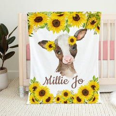 Cow Sunflower Baby Blanket, Farm Animals Personalized Watercolor Flowers Baby Girl Shower Gift Newborn Nursery Crib Bedding Sunflower B1494