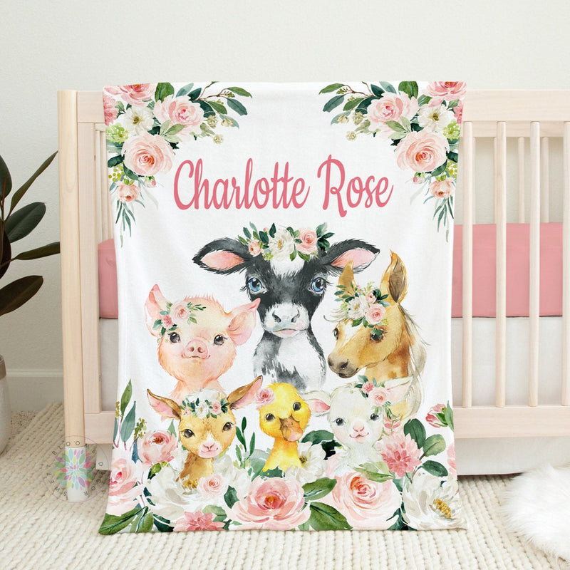 Farm Animals Floral Baby Name Blanket, Blush Pink Watercolor Flowers Cow Sheep Goat Pig Horse Duck  Baby Shower Gift B1479