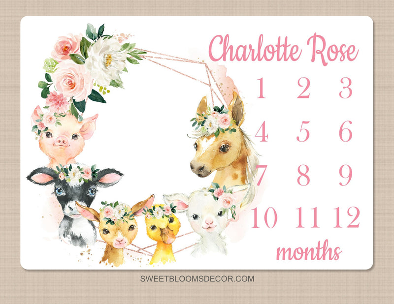 Farm Animals Girl Milestone Blanket, Blush Pink Flowers Watercolor Floral Monthly Growth Tracker Newborn Girl Baby Shower Gift Cow B1480