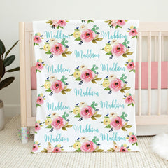 Baby Girl Floral Baby Girl Name Blanket, Personalized Blush Pink Yellow Turquoise Watercolor Flowers Baby Shower Gift Crib Bedding B1028