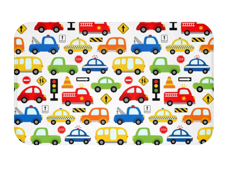 Transportation Kids Shower Curtain, Cars Trucks Traffic Signs Construction Bathroom Decor Siblings Brothers Bath Mat Bath Accessories S192