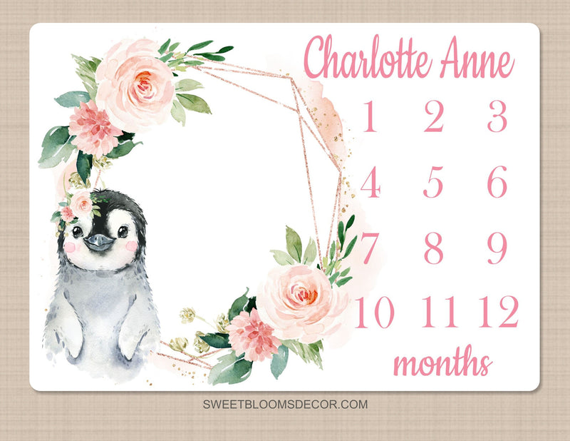 Penguin Floral Milestone Blanket Blush Pink Flowers Personalized Monthly Growth Tracker Newborn Baby Girl Name  Baby Shower Gift B1483