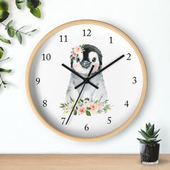 Penguin Floral Wall Clock, Blush Pink Watercolor Flowers Nursery Wall Clock, Baby Girl Bedroom Decor