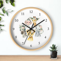 Safari Animals Floral Wall Clock, Blush Pink Watercolor Flowers Nursery Wall Clock, Bedroom Decor,  Elephant Monkey Giraffe Zebra Lion