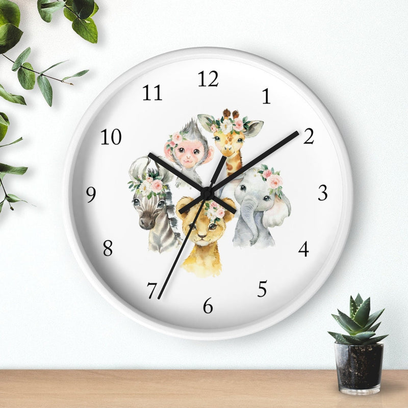 Safari Animals Floral Wall Clock, Blush Pink Watercolor Flowers Nursery Wall Clock, Bedroom Decor,  Elephant Monkey Giraffe Zebra Lion