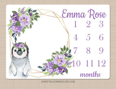 Penguin Floral Milestone Blanket, Purple Lavender Flowers Monthly Growth Tracker Newborn Girl Lavender Name Blanket Baby Shower Gift B1484