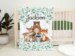 Woodland Animals Baby Boy Name Blanket Eucalyptus Greenery Leaves Trees Bear Fox Raccoon Deer Bunny Owl Baby Shower Gift B1054