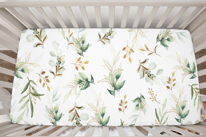 Eucalyptus Leaves Crib Sheet, Leafy Greenery Gold Leaves Newborn Baby Boy Shower Gift Nursery  C144