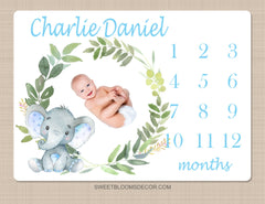 Elephant Milestone Blanket Boy Personalized Blanket Monthly Blanket Blue Gray Nursery Bedding Safari Animals Baby Shower Gift B1212