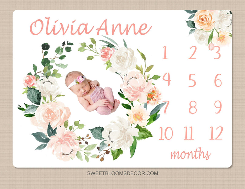 Floral Baby Girl Milestone Blanket, Blush Pink Coral Peach Watercolor Flowers Baby Girl Wreath Monthly Blanket Baby Shower Gift  B1210