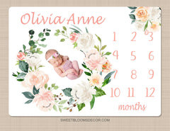 Floral Baby Girl Milestone Blanket, Blush Pink Coral Peach Watercolor Flowers Baby Girl Wreath Monthly Blanket Baby Shower Gift  B1210