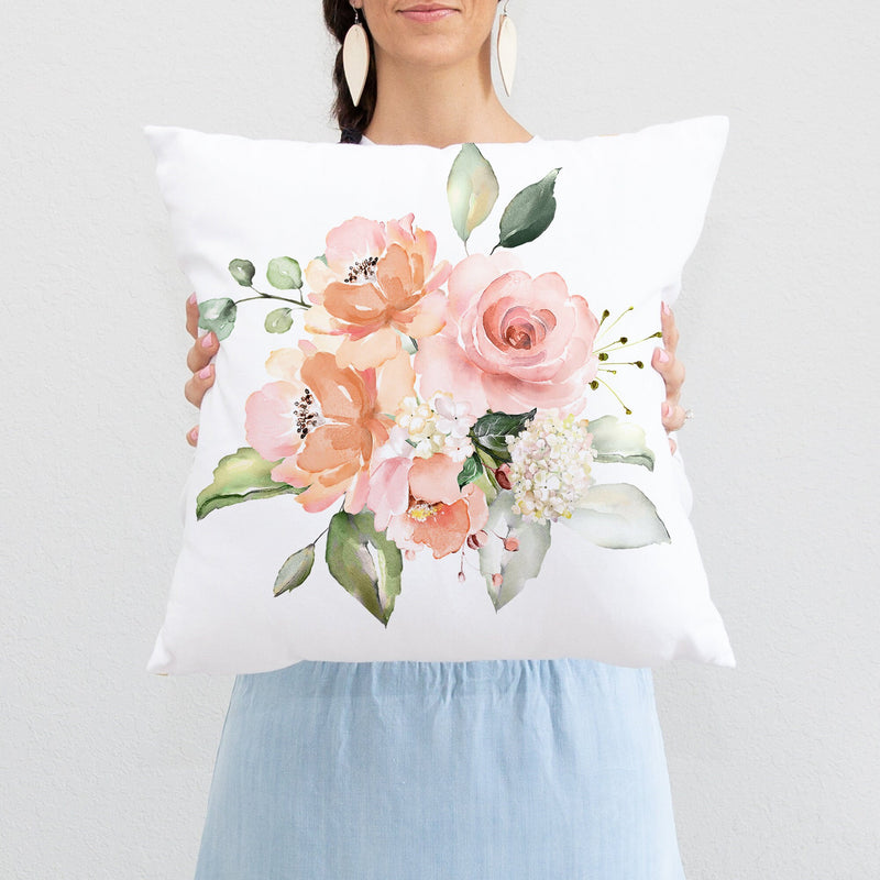 Peach Blush Pink Floral Throw Pillow, Watercolor Flowers Roses Nursery Pillow Bedroom Room Decor Cushion Crib Bedding  P297