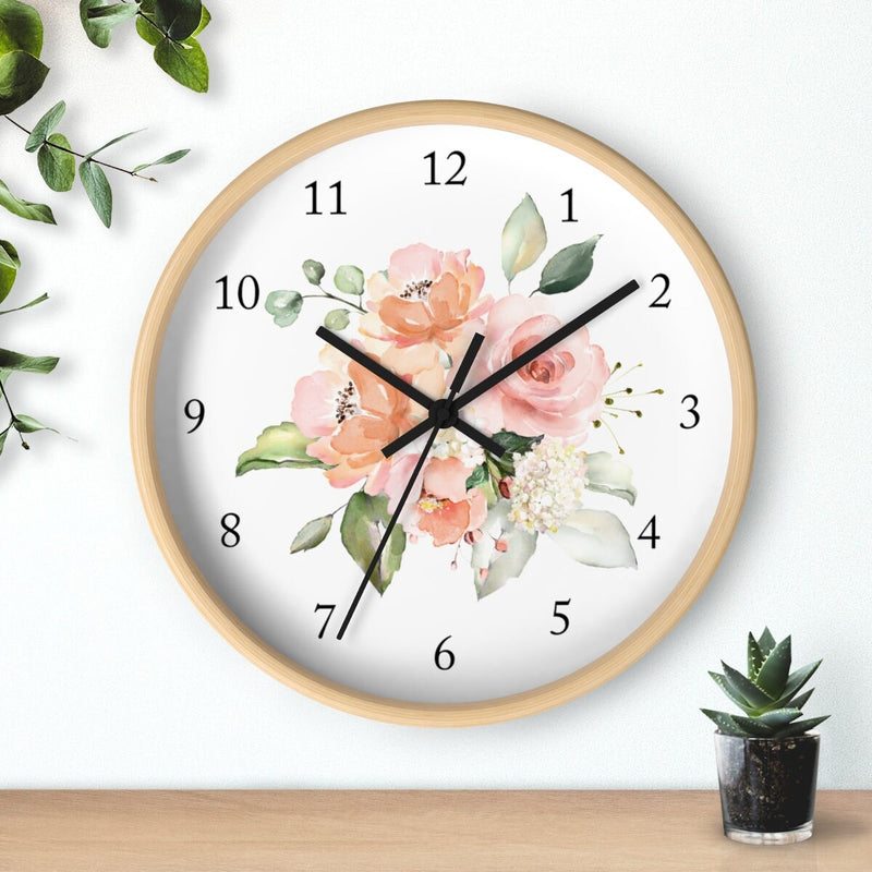 Floral Wall Clock, Peach Blush Pink Watercolor Flowers Nursery Wall Clock, Baby Girl Bedroom Wall Decor T133