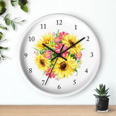 Sunflowers Floral Wall Clock, Watercolor Yellow Pink Sunflowers Nursery Wall Clock, Baby Girl Bedroom Decor