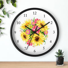 Sunflowers Floral Wall Clock, Watercolor Yellow Pink Sunflowers Nursery Wall Clock, Baby Girl Bedroom Decor