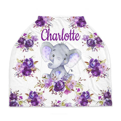 Elephant Baby Car Seat Cover Canopy Purple Lavender Watercolor Floral Shower Gift Shopping Cart Highchair Nursing Privacy Carseat Cover C146