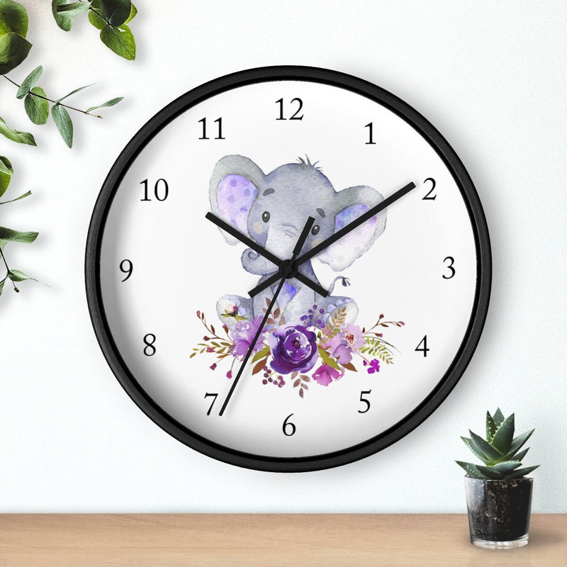 Elephant Purple Floral Wall Clock, Kids Wall Clock,  Nursery Wall Clock, Girl Boy Bedroom Decor, Elephant Animals Nursery Decor 136