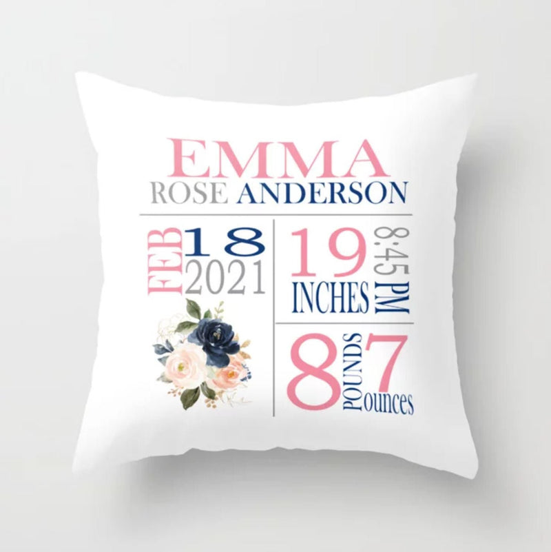 Navy Blush Pink Floral Girl Birth Announcement Pillow ,Personalized Birth Stats Throw Pillow Baby Shower Gift Nursery Crib Bedding  P301