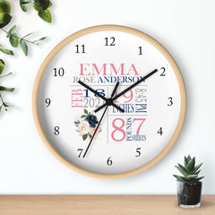 Floral Wall Clock, Navy Blue Blush Pink Watercolor Flowers Birth Announcement Birth Stats Nursery Wall Clock, Baby Girl Bedroom Decor