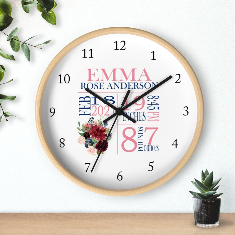 Floral Wall Clock, Burgundy Navy Blush Pink Watercolor Flowers Birth Announcement Birth Stats Nursery Wall Clock, Baby Girl Bedroom Decor