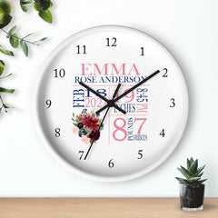 Floral Wall Clock, Burgundy Navy Blush Pink Watercolor Flowers Birth Announcement Birth Stats Nursery Wall Clock, Baby Girl Bedroom Decor