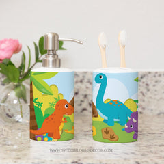 Dinosaurs Toothbrush Holder and Soap Dispenser Set, Kids Brothers Bathroom Decor S145