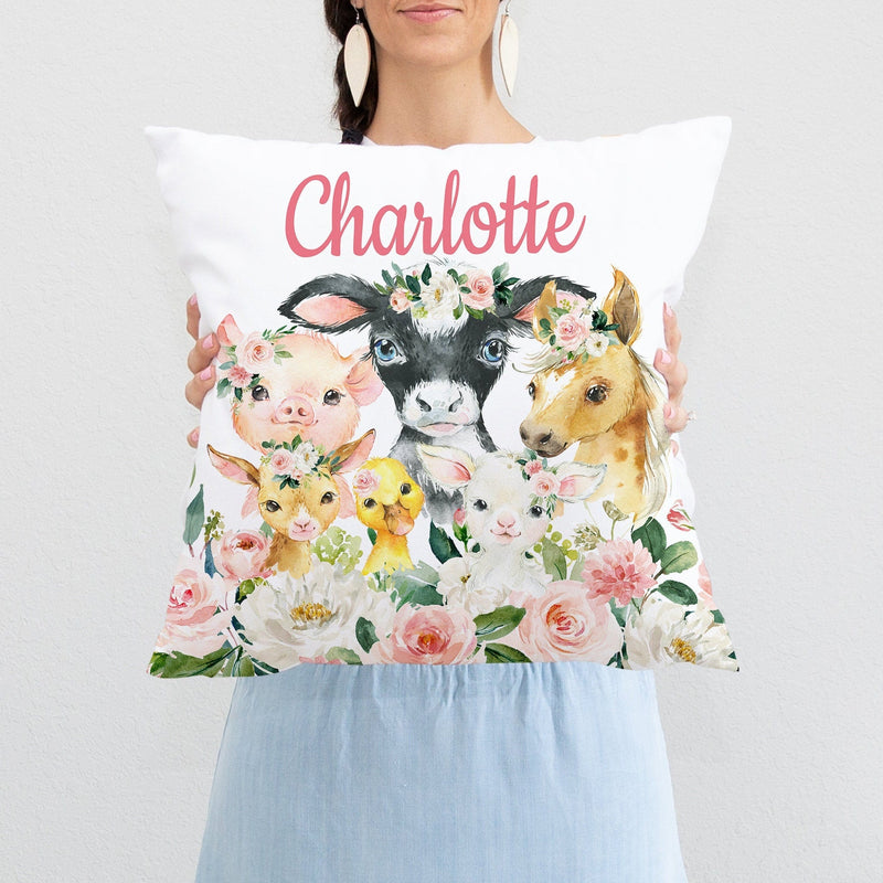 Farm Animals Nursery Throw Pillow, Blush Pink Flowers Kids Bedroom Decor Baby Shower Gift  Cow Pig Lamb Chicken Goat P303