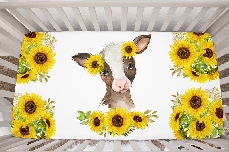 Cow  Sunflowers Baby Girl Crib Sheet Newborn Sunflower Baby Shower Gift Nursery 161