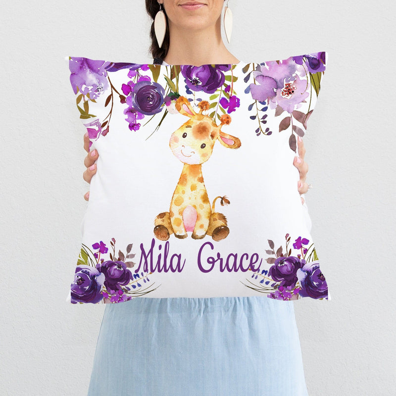 Giraffe Floral Girl Throw Pillow Nursery Purple Lavender Flowers Bedroom Room Decor Cushion Girl Name Watercolor Monogram Playroom P271