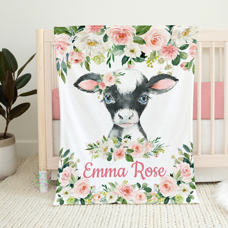 Cow Baby Girl Name Blanket, Farm Animals Floral Blanket, Blush Pink Watercolor Flowers Cow  Baby Shower Gift Farm Calf Crib Blanket B1495