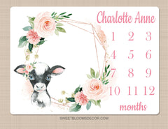 Cow Floral Milestone Blanket, Blush Pink Flowers Baby Calf Cow Monthly Growth Tracker Newborn Baby Girl Name Baby Shower Gift B1496